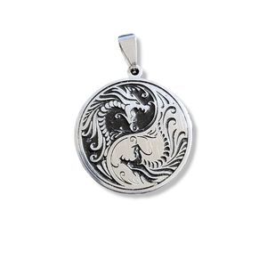 Stainless Steel Black Enamel Yin Yang Round Medallion Pendant